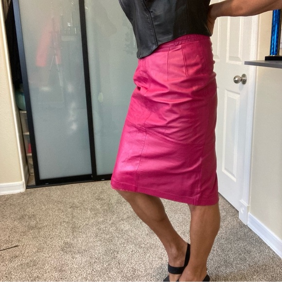 80s vintage pink leather skirt stretch waist genuine, leather skirt - Picture 3 of 9